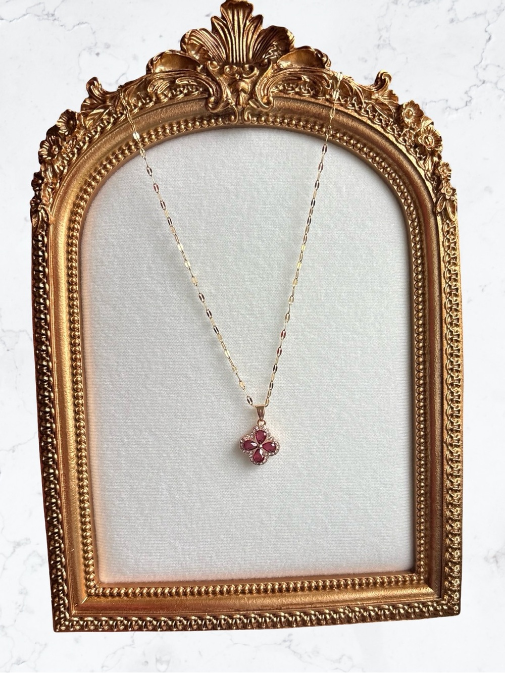 Stainless Steel Gold Chain Necklace with Red Flower Pendant